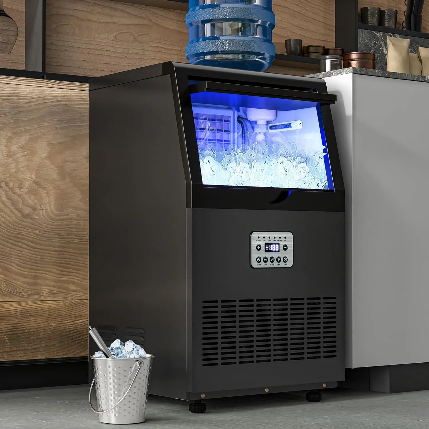 YITAHOME Black 100LBS Commercial Ice Maker Machine with 33LBS Storage Bin, 2 Way Water Inlet, Stainless Steel Freestanding Ice Maker Under Counter with Ice Scoop, Ice Bucket for Home Bar Office Party