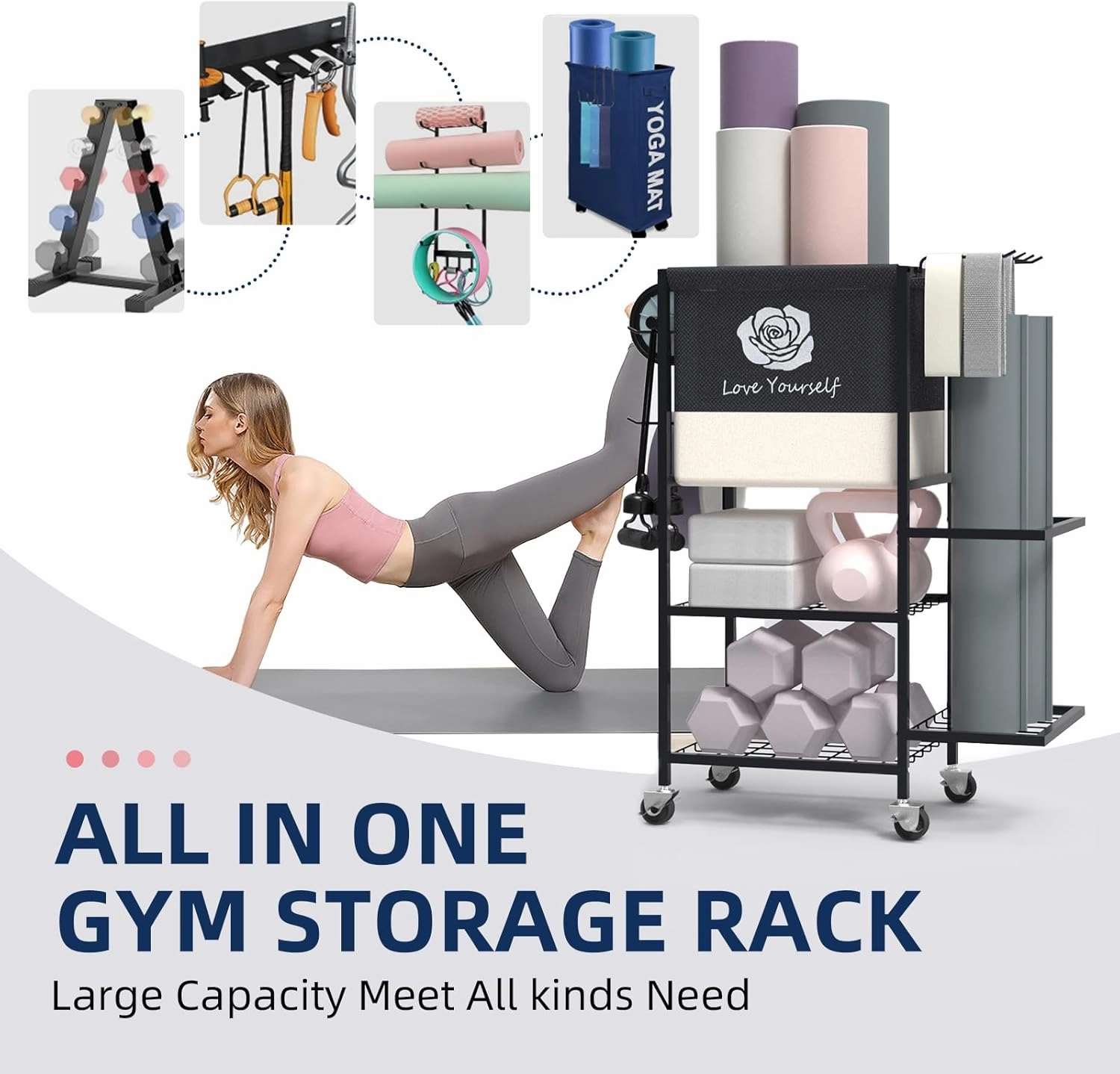 Yoga Mat Storage Rack，Home Gym Storage Rack Gym Workout Equipment Storage Organizer Fitness Weight Rack on Wheels for Yoga Mat,Yoga Block,Foam Roller,Resistance Band,Dumbbell,Kettlebell and Other Workout Accessories