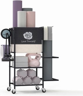 Yoga Mat Storage Rack，Home Gym Storage Rack Gym Workout Equipment Storage Organizer Fitness Weight Rack on Wheels for Yoga Mat,Yoga Block,Foam Roller,Resistance Band,Dumbbell,Kettlebell and Other Workout Accessories