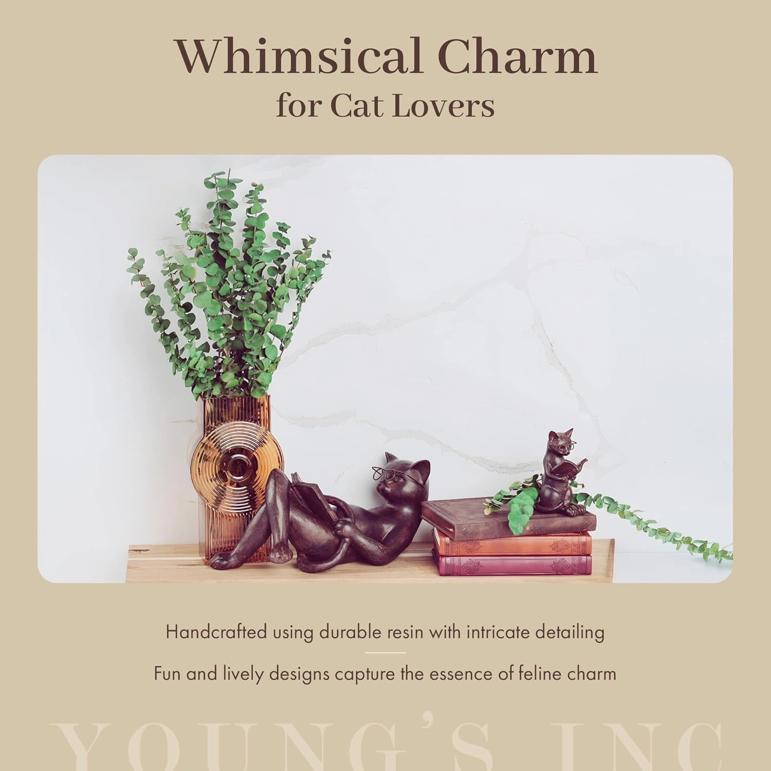 Young's Inc. Cat Figurine - Cute Cat Statue - Whimsical Cat Decor for Cat Lovers - Cat Collectibles and Meditation Decor - Cat with Eye Glasses - 4'' L X 3'' W X 5'' H