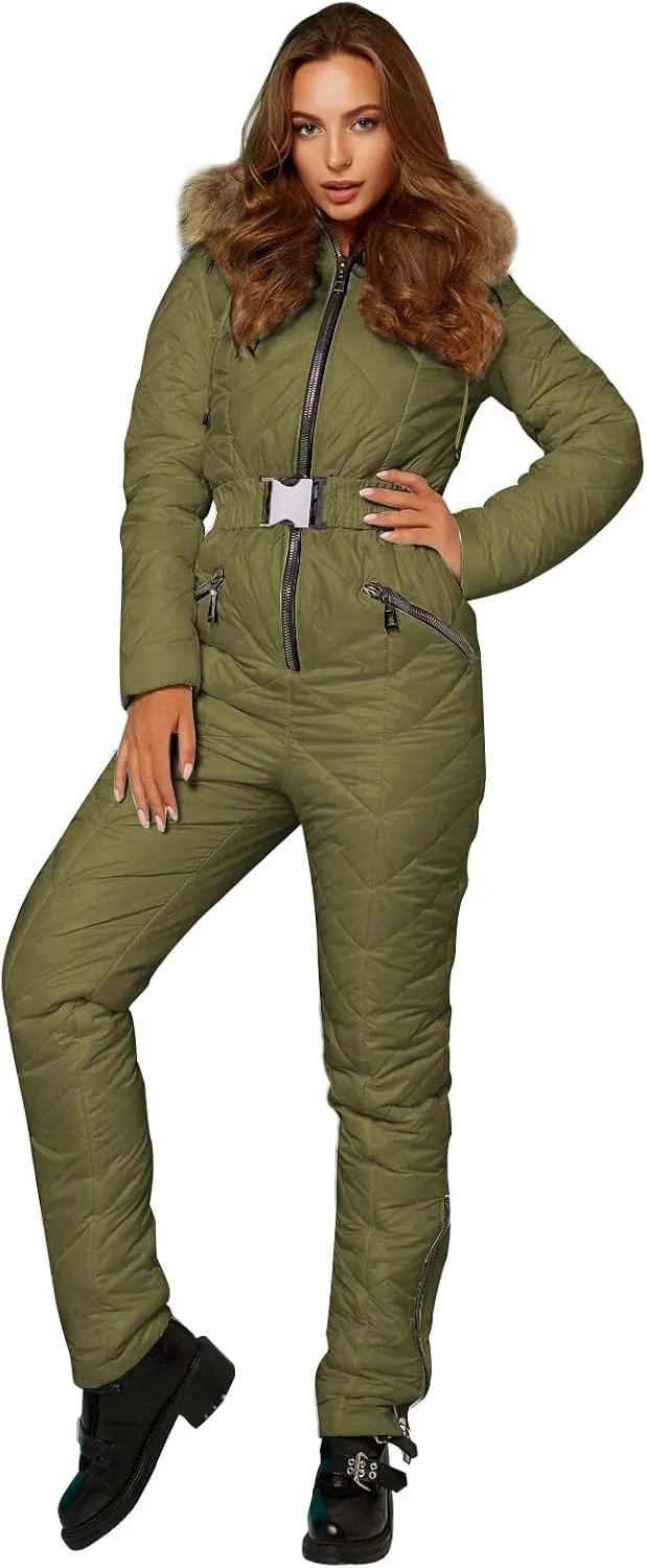 Yousify Womens Winter Ski Suit One Piece Hooded Fur Collar Ski Jumpsuit Snowsuit Outdoor Sports Coat
