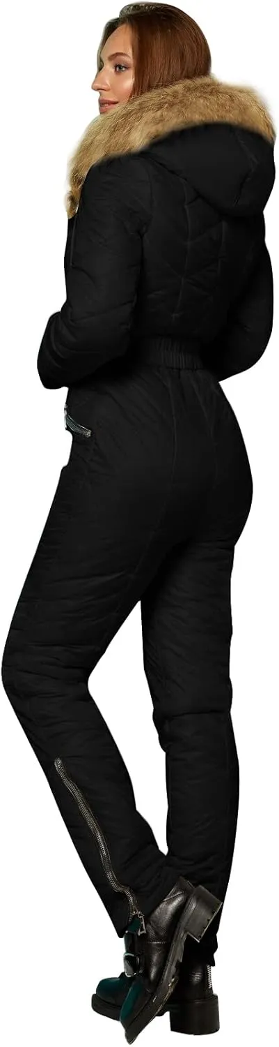 Yousify Womens Winter Ski Suit One Piece Hooded Fur Collar Ski Jumpsuit Snowsuit Outdoor Sports Coat
