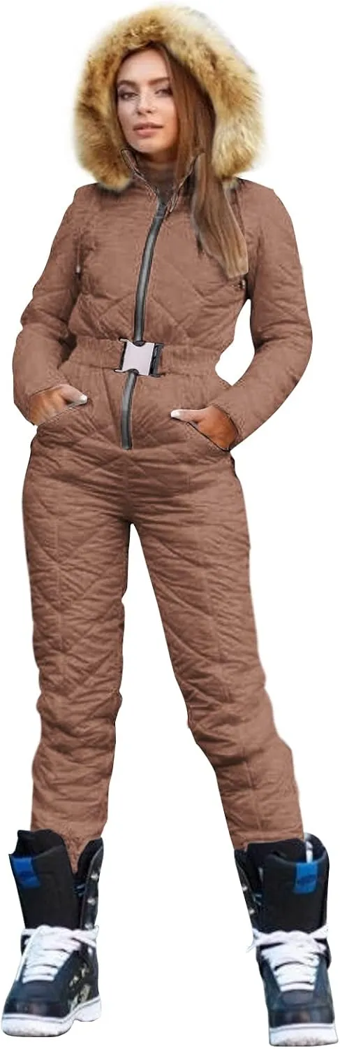 Yousify Womens Winter Ski Suit One Piece Hooded Fur Collar Ski Jumpsuit Snowsuit Outdoor Sports Coat