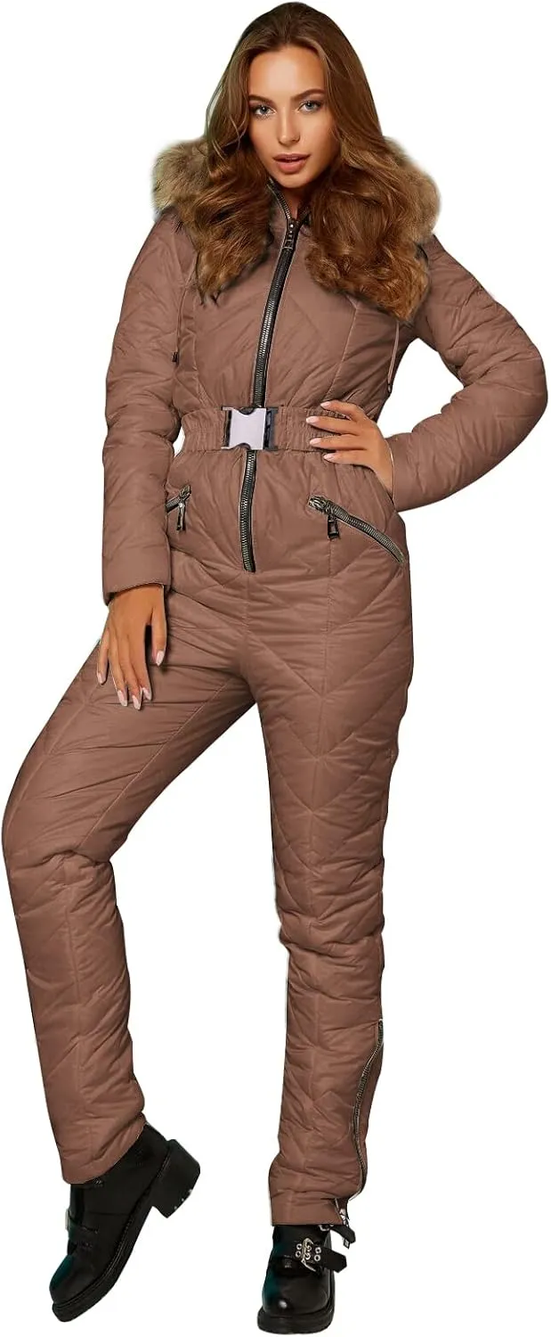 Yousify Womens Winter Ski Suit One Piece Hooded Fur Collar Ski Jumpsuit Snowsuit Outdoor Sports Coat