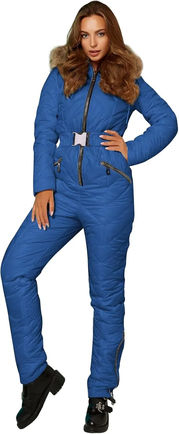Yousify Womens Winter Ski Suit One Piece Hooded Fur Collar Ski Jumpsuit Snowsuit Outdoor Sports Coat