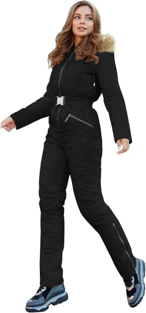 Yousify Womens Winter Ski Suit One Piece Hooded Fur Collar Ski Jumpsuit Snowsuit Outdoor Sports Coat