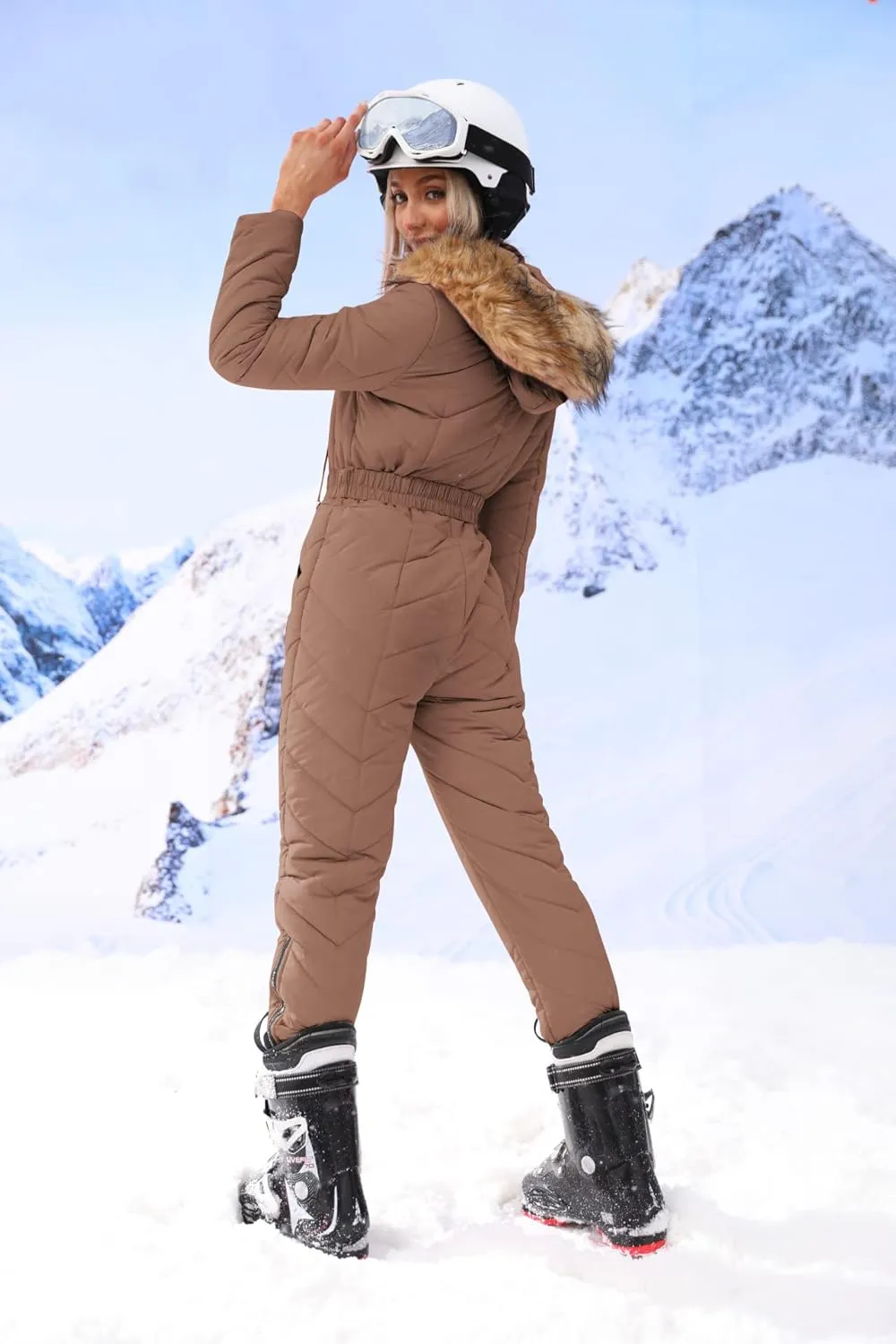 Yousify Womens Winter Ski Suit One Piece Hooded Fur Collar Ski Jumpsuit Snowsuit Outdoor Sports Coat