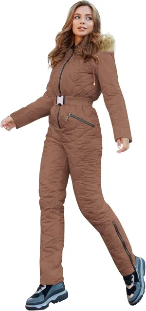 Yousify Womens Winter Ski Suit One Piece Hooded Fur Collar Ski Jumpsuit Snowsuit Outdoor Sports Coat