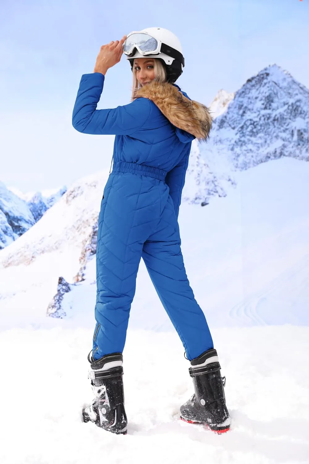 Yousify Womens Winter Ski Suit One Piece Hooded Fur Collar Ski Jumpsuit Snowsuit Outdoor Sports Coat