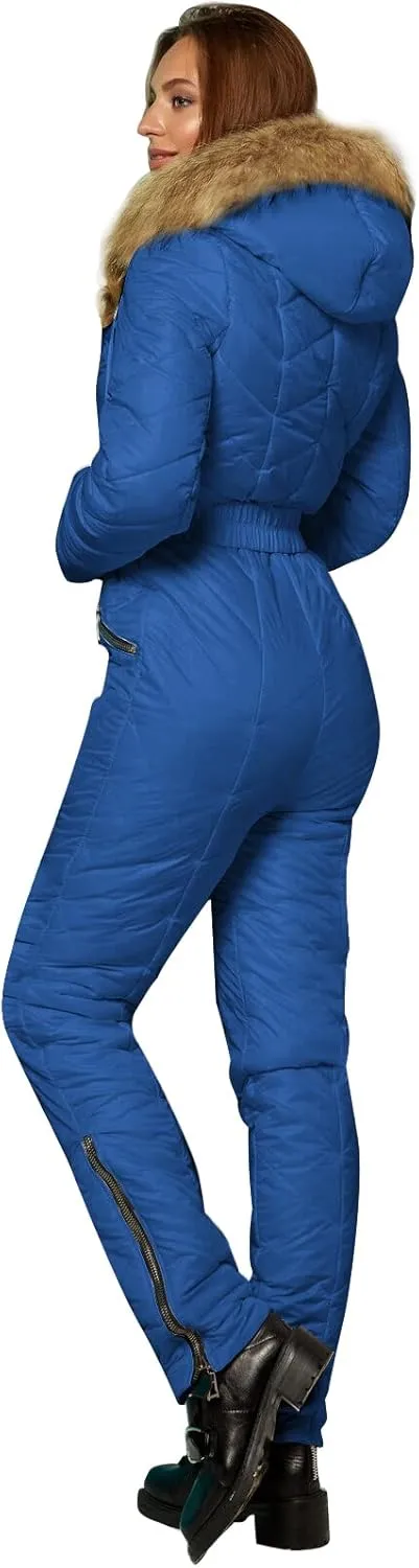 Yousify Womens Winter Ski Suit One Piece Hooded Fur Collar Ski Jumpsuit Snowsuit Outdoor Sports Coat