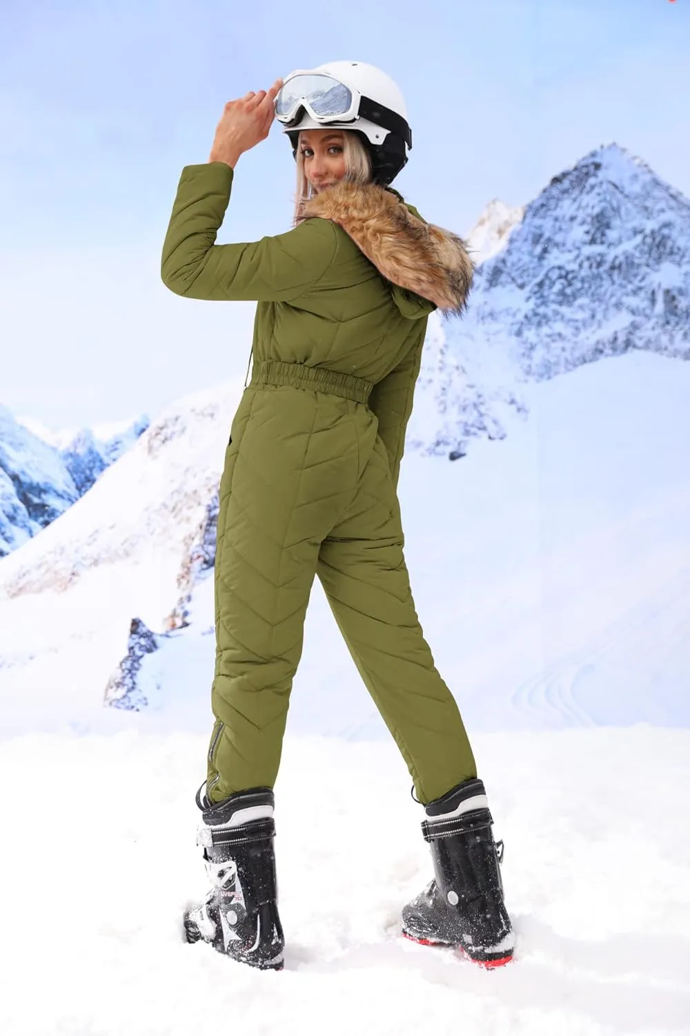 Yousify Womens Winter Ski Suit One Piece Hooded Fur Collar Ski Jumpsuit Snowsuit Outdoor Sports Coat