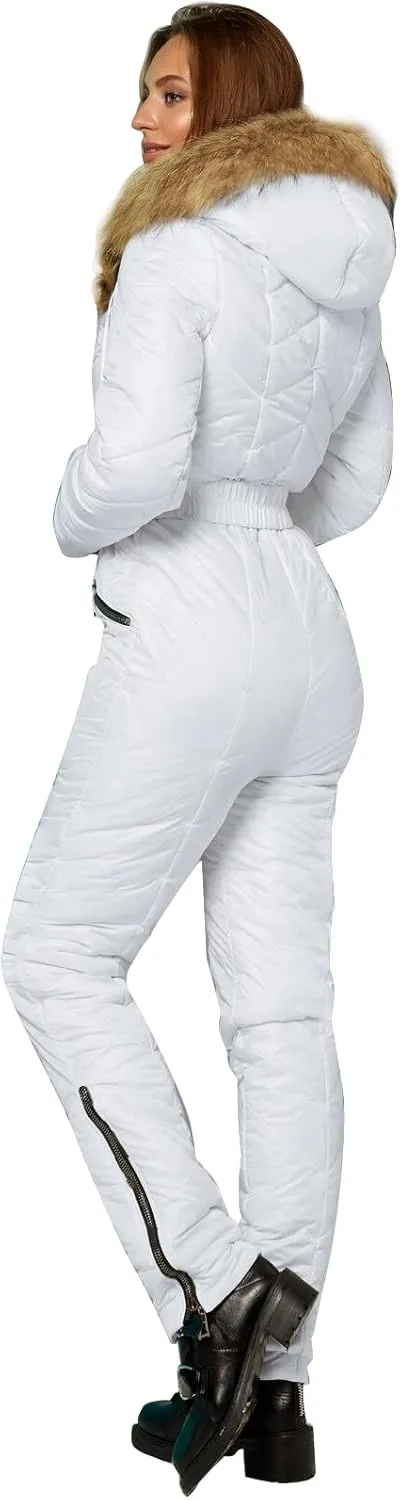 Yousify Womens Winter Ski Suit One Piece Hooded Fur Collar Ski Jumpsuit Snowsuit Outdoor Sports Coat