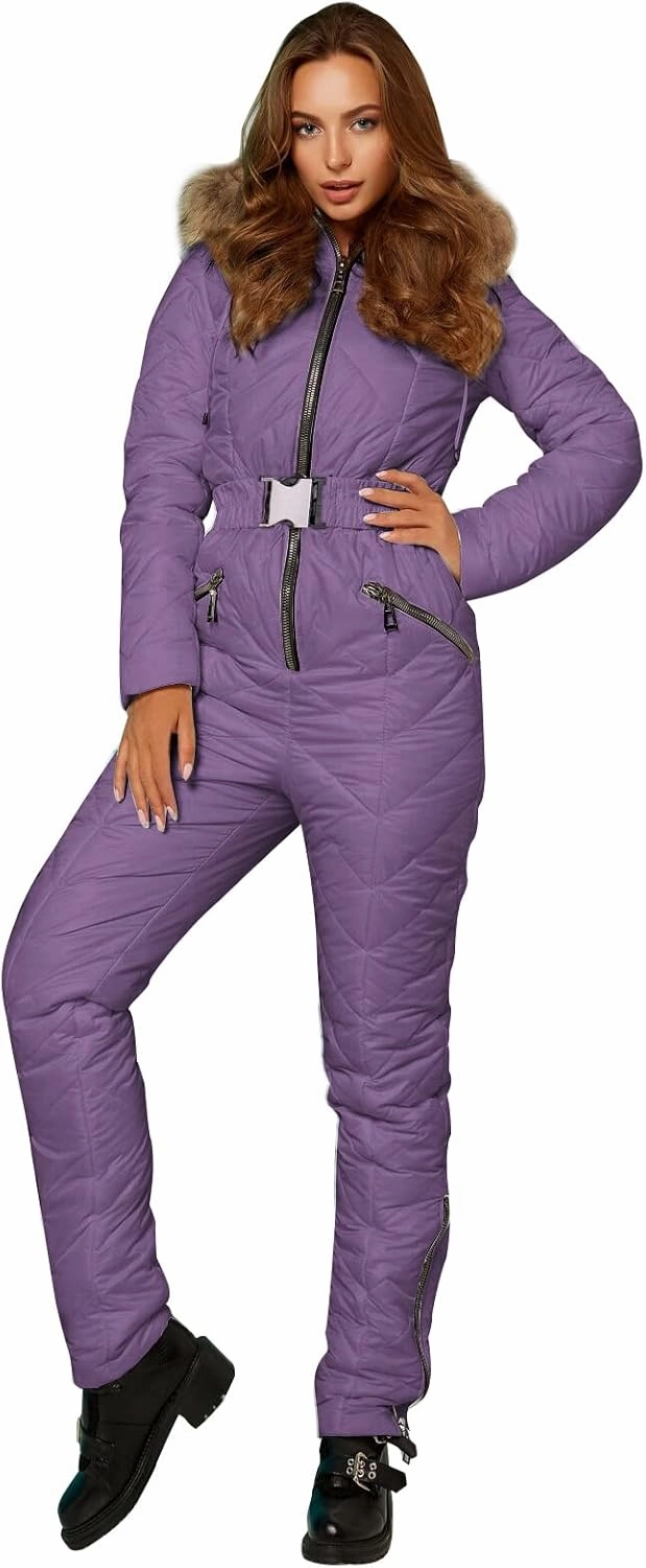 Yousify Womens Winter Ski Suit One Piece Hooded Fur Collar Ski Jumpsuit Snowsuit Outdoor Sports Coat