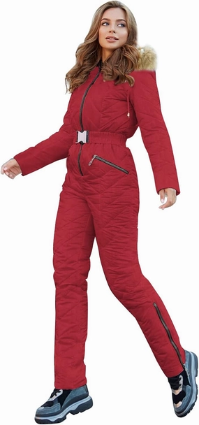 Yousify Womens Winter Ski Suit One Piece Hooded Fur Collar Ski Jumpsuit Snowsuit Outdoor Sports Coat