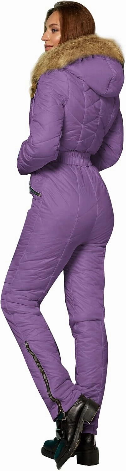 Yousify Womens Winter Ski Suit One Piece Hooded Fur Collar Ski Jumpsuit Snowsuit Outdoor Sports Coat