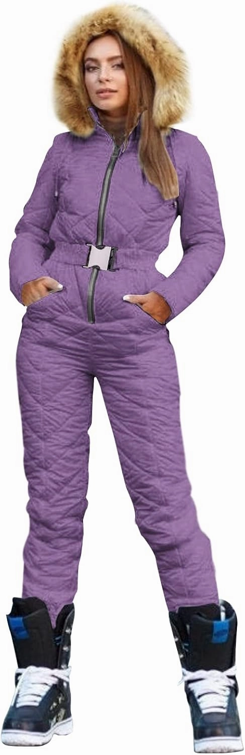 Yousify Womens Winter Ski Suit One Piece Hooded Fur Collar Ski Jumpsuit Snowsuit Outdoor Sports Coat