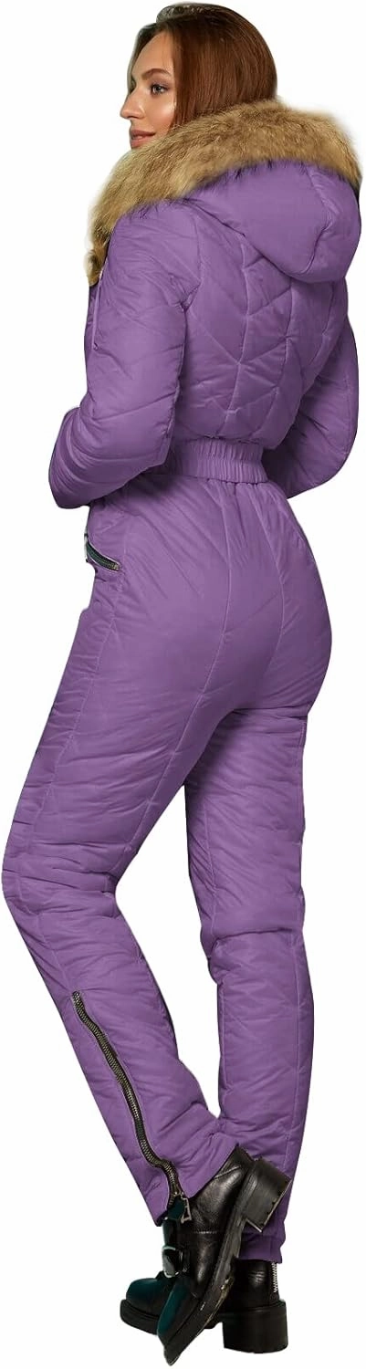 Yousify Womens Winter Ski Suit One Piece Hooded Fur Collar Ski Jumpsuit Snowsuit Outdoor Sports Coat