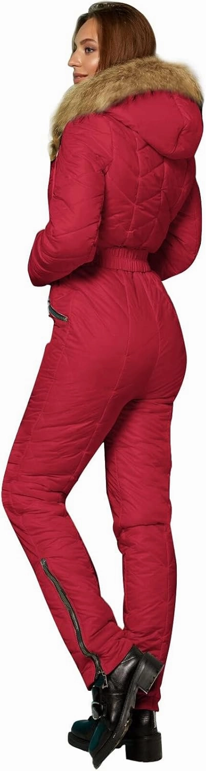 Yousify Womens Winter Ski Suit One Piece Hooded Fur Collar Ski Jumpsuit Snowsuit Outdoor Sports Coat
