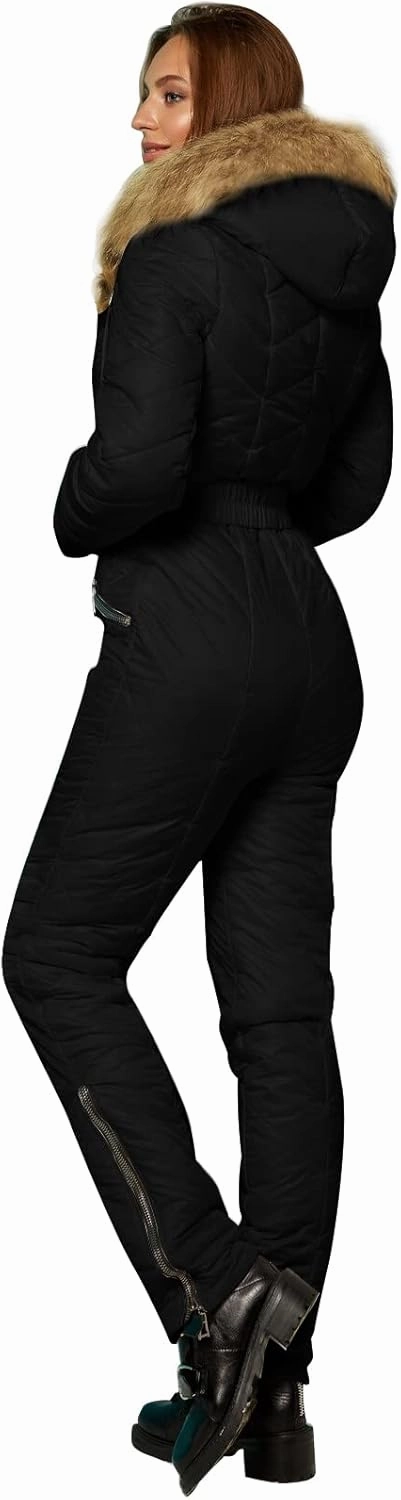 Yousify Womens Winter Ski Suit One Piece Hooded Fur Collar Ski Jumpsuit Snowsuit Outdoor Sports Coat