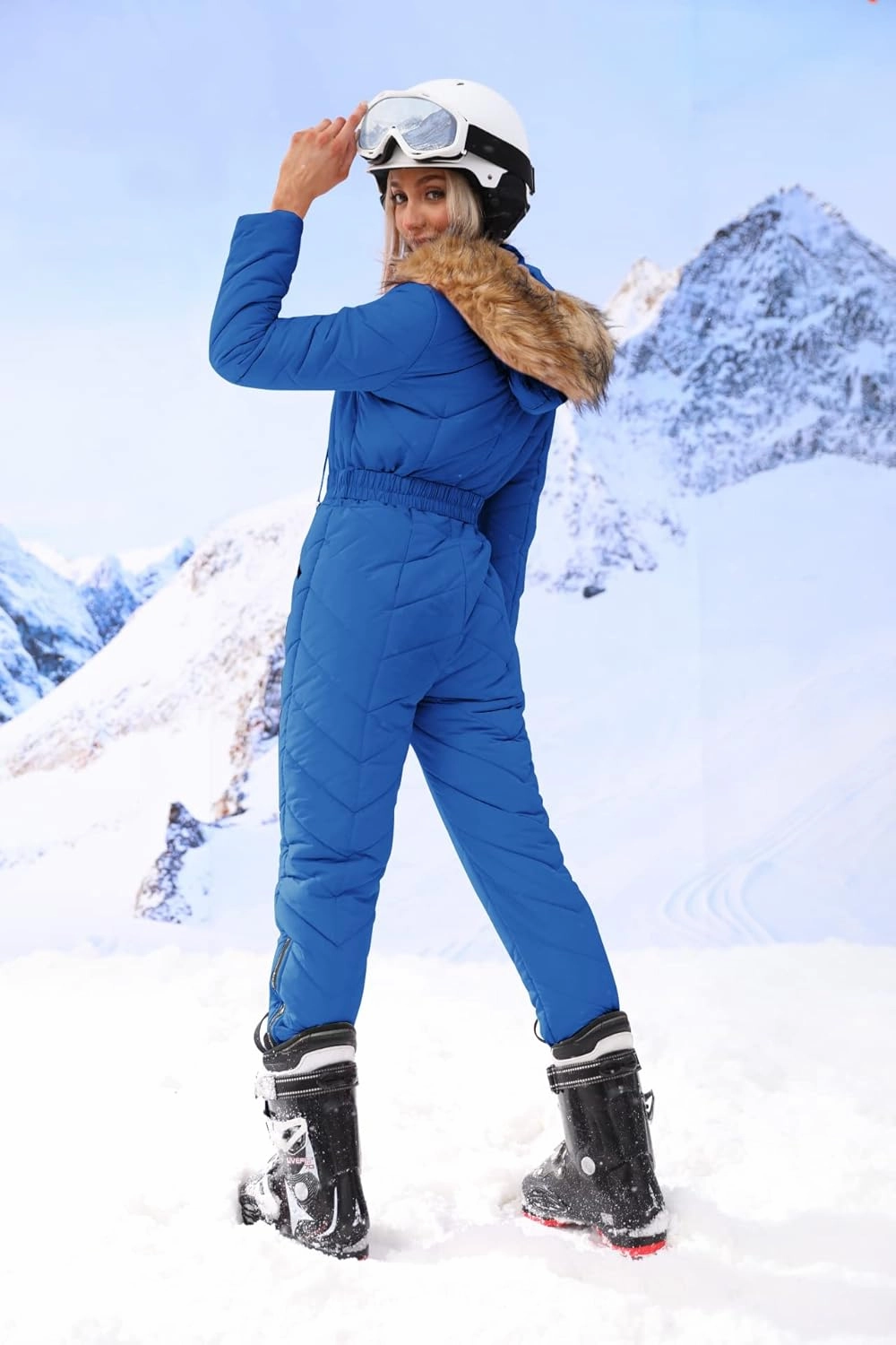 Yousify Womens Winter Ski Suit One Piece Hooded Fur Collar Ski Jumpsuit Snowsuit Outdoor Sports Coat