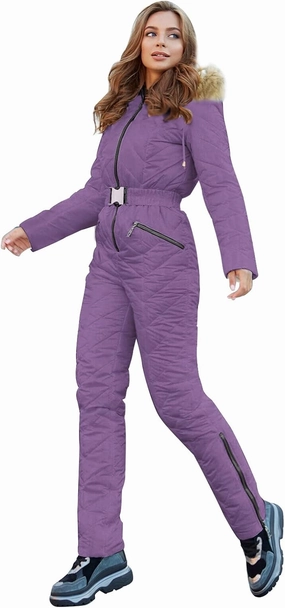 Yousify Womens Winter Ski Suit One Piece Hooded Fur Collar Ski Jumpsuit Snowsuit Outdoor Sports Coat