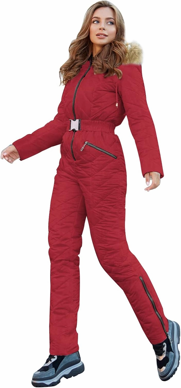 Yousify Womens Winter Ski Suit One Piece Hooded Fur Collar Ski Jumpsuit Snowsuit Outdoor Sports Coat