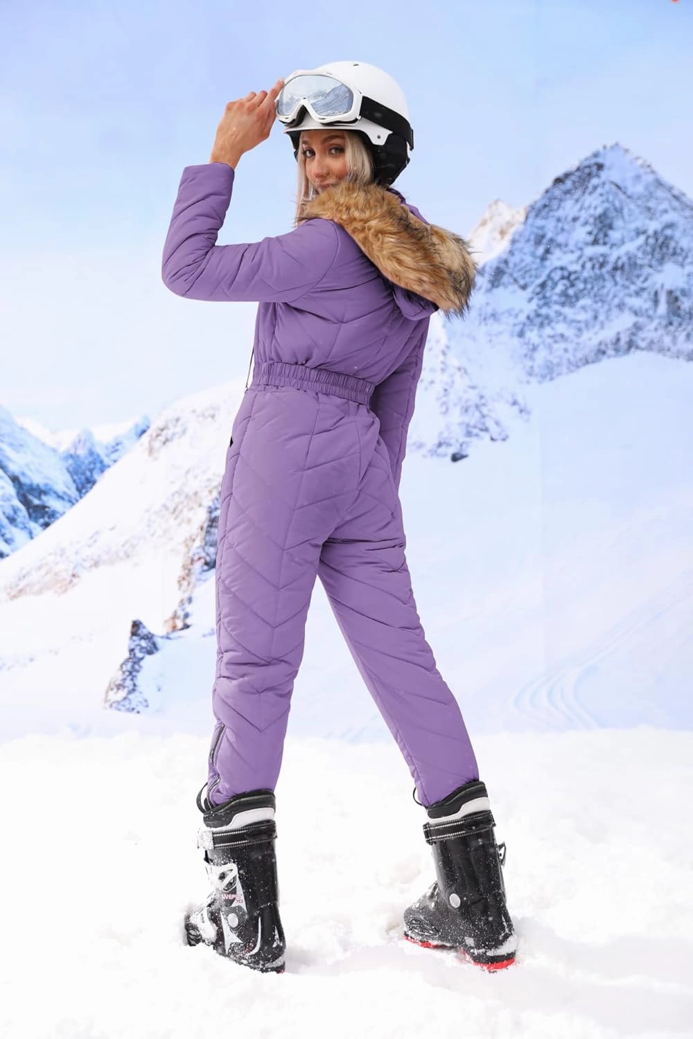 Yousify Womens Winter Ski Suit One Piece Hooded Fur Collar Ski Jumpsuit Snowsuit Outdoor Sports Coat