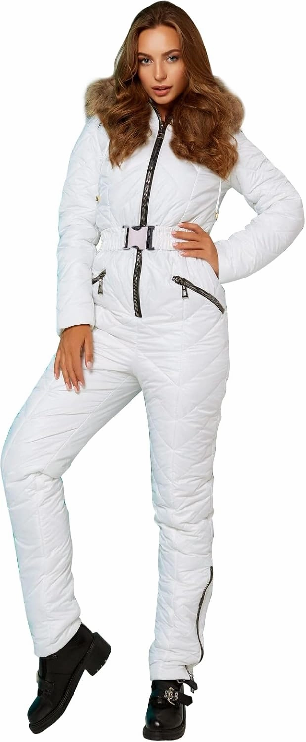 Yousify Womens Winter Ski Suit One Piece Hooded Fur Collar Ski Jumpsuit Snowsuit Outdoor Sports Coat