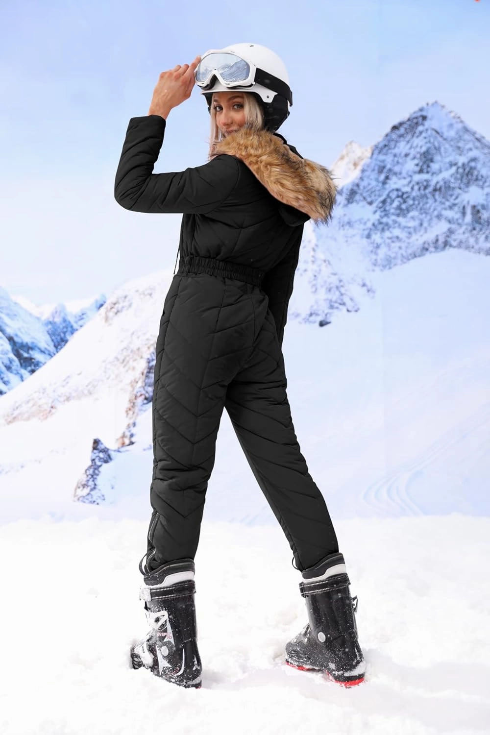 Yousify Womens Winter Ski Suit One Piece Hooded Fur Collar Ski Jumpsuit Snowsuit Outdoor Sports Coat