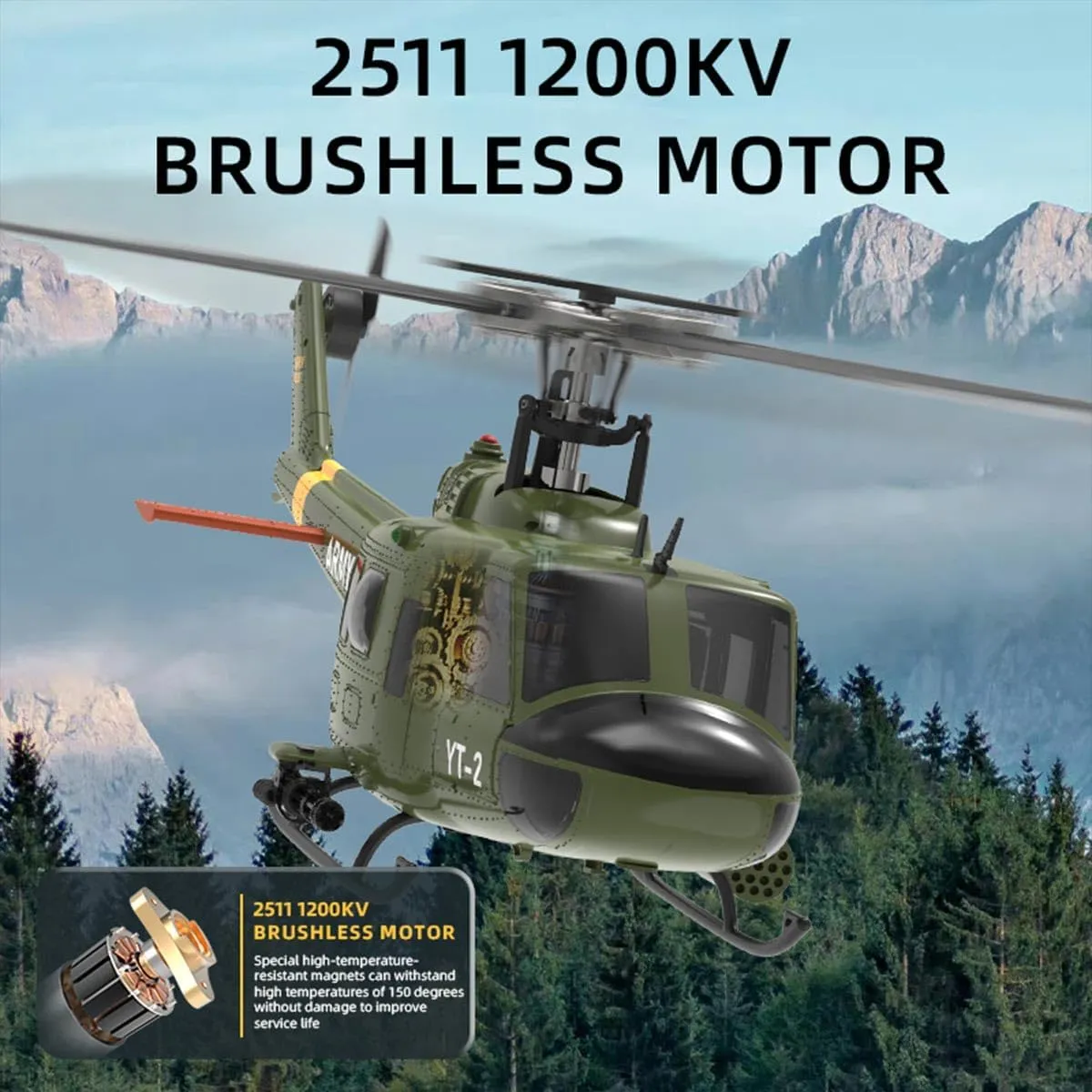 YU Xiang F07-V 1/34 Scale Helicopter, UH-1 Huey 2.4G 6CH Brushless Direct-Drive Flybarless RC Helicopter Model Mode 1/2 Switchable (RTF)