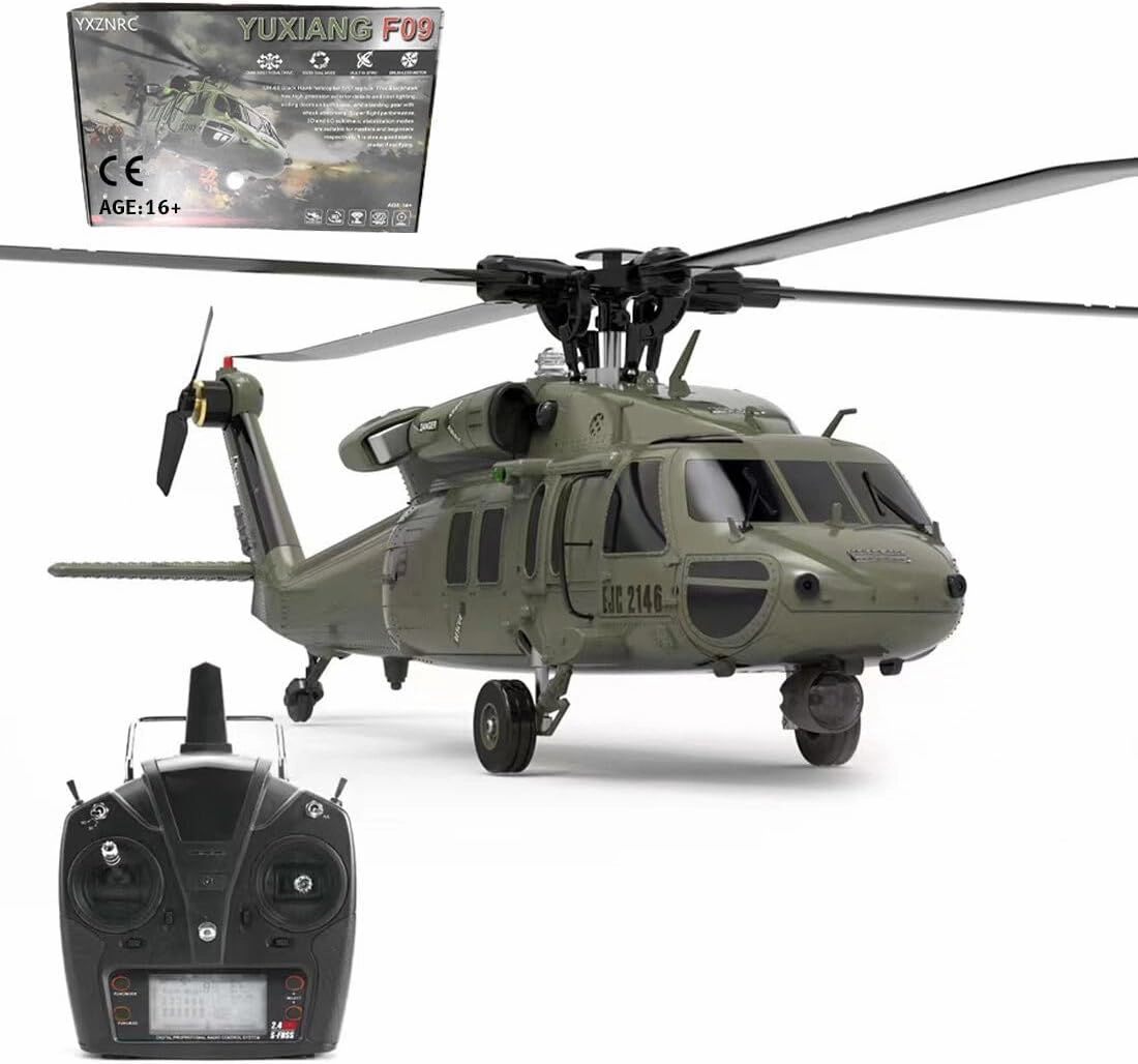 YUXIANG YXZNRC F09 RC Helicopter for Adults, 1/47 2.4G 6CH Brushless Direct Drive Military Aircraft, RC Airplane Toy Gift (RTF Edition/Army Green)