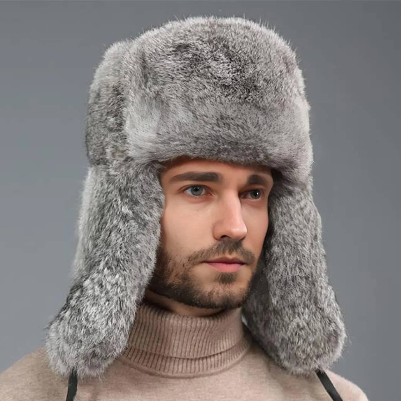 YXCFEWDTrapper Hat Winter Russian Hat Men Women Fur Hat with 100% Rabbit Fur Aviator Earflap Hat Windproof