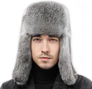 YXCFEWDTrapper Hat Winter Russian Hat Men Women Fur Hat with 100% Rabbit Fur Aviator Earflap Hat Windproof