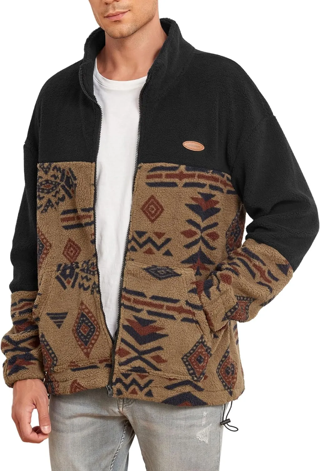 ZAFUL Men Ethnic Aztec Printed Fluffy Fuzzy Jacket Plush Fleece Casual Stand Collar Zip Outwear Cardigan Coat with Pockets