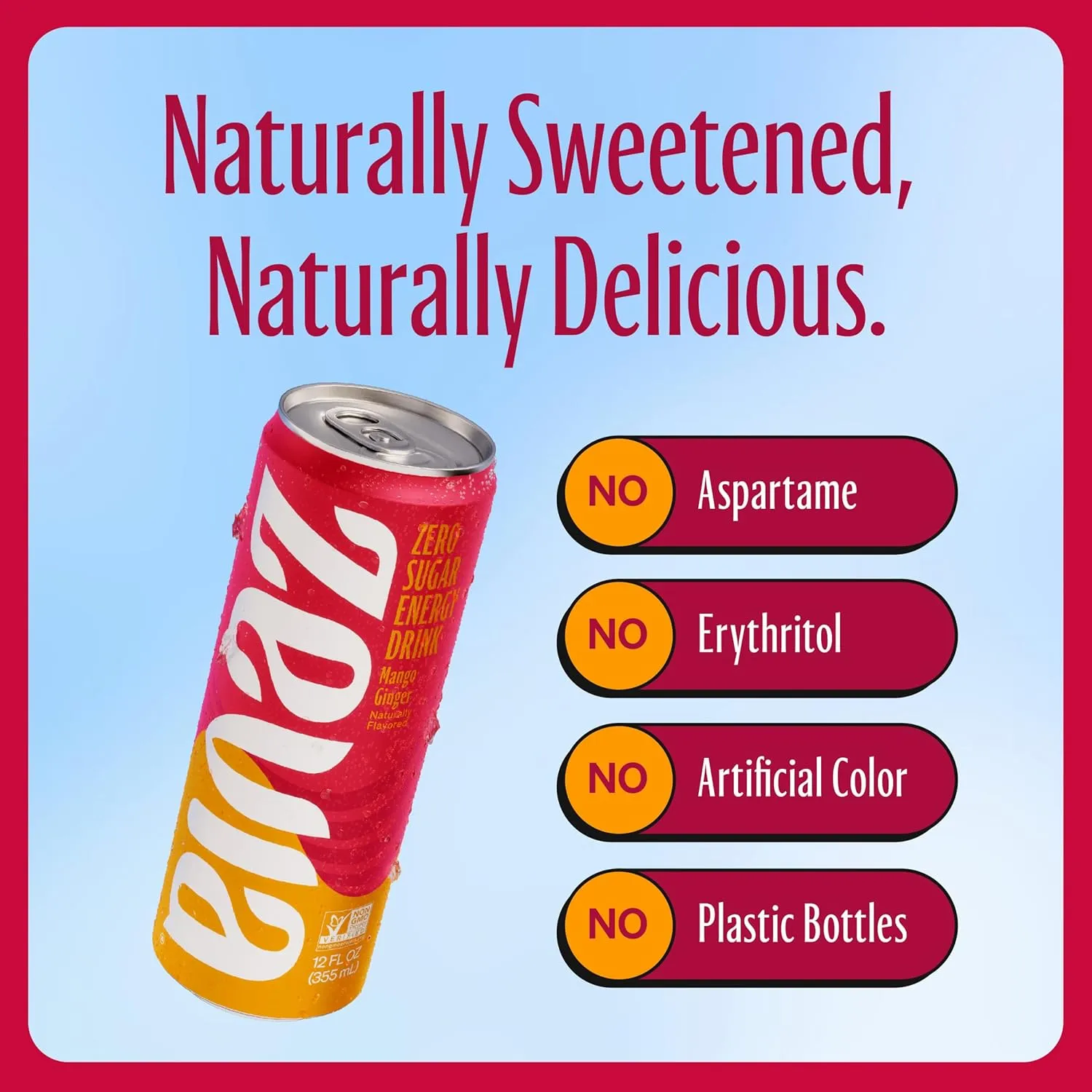 Zevia Zero Sugar Energy Drink, Mango Ginger, 12 oz Cans (12-Pack) – Naturally Sweetened, Zero Calorie Sugar Free Energy - Non-GMO Project Verified, Gluten-Free, Vegan