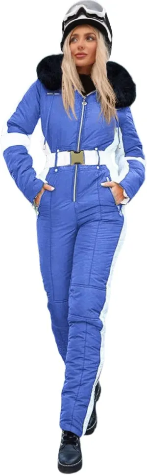 Zwurew Womens Winter Onesies Ski Suit Outdoor Sports Waterproof Snowsuit Fur Collar Ski Jumpsuit Coat