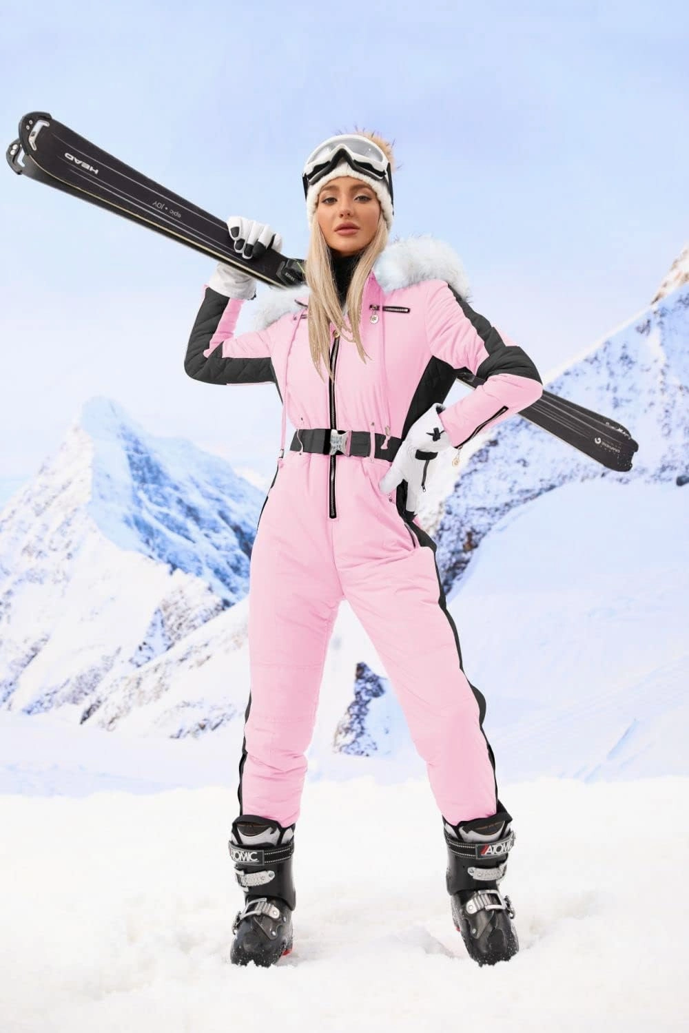 Zwurew Womens Winter Onesies Ski Suit Outdoor Sports Waterproof Snowsuit Fur Collar Ski Jumpsuit Coat