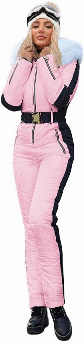 Zwurew Womens Winter Onesies Ski Suit Outdoor Sports Waterproof Snowsuit Fur Collar Ski Jumpsuit Coat