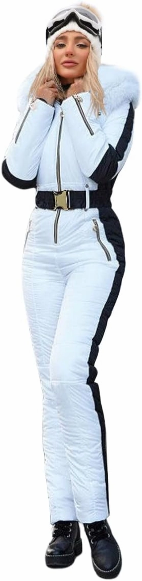 Zwurew Womens Winter Onesies Ski Suit Outdoor Sports Waterproof Snowsuit Fur Collar Ski Jumpsuit Coat