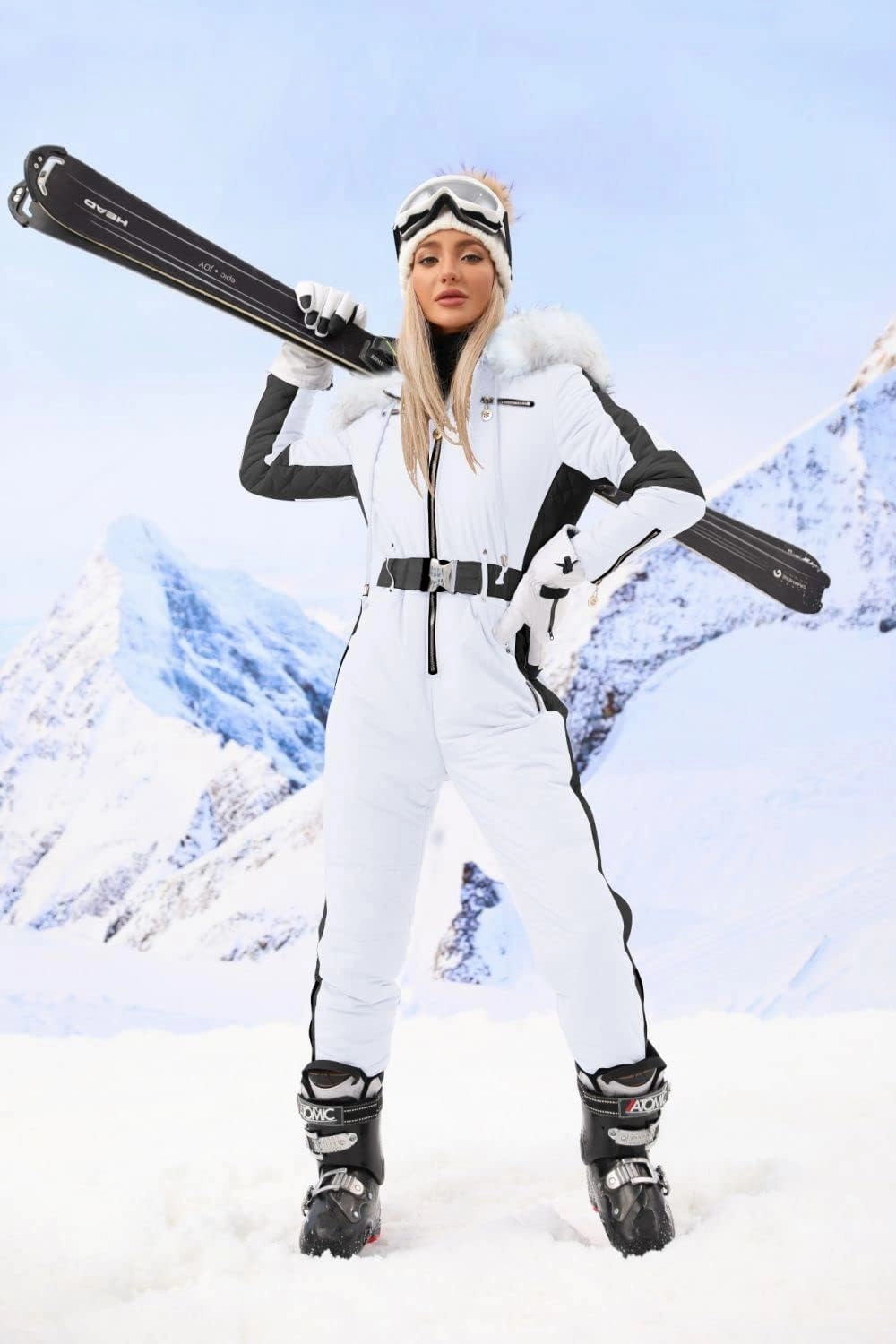 Zwurew Womens Winter Onesies Ski Suit Outdoor Sports Waterproof Snowsuit Fur Collar Ski Jumpsuit Coat