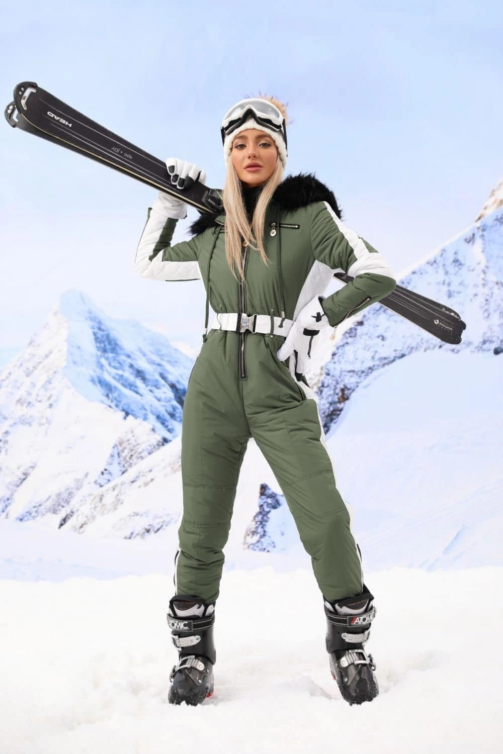 Zwurew Womens Winter Onesies Ski Suit Outdoor Sports Waterproof Snowsuit Fur Collar Ski Jumpsuit Coat