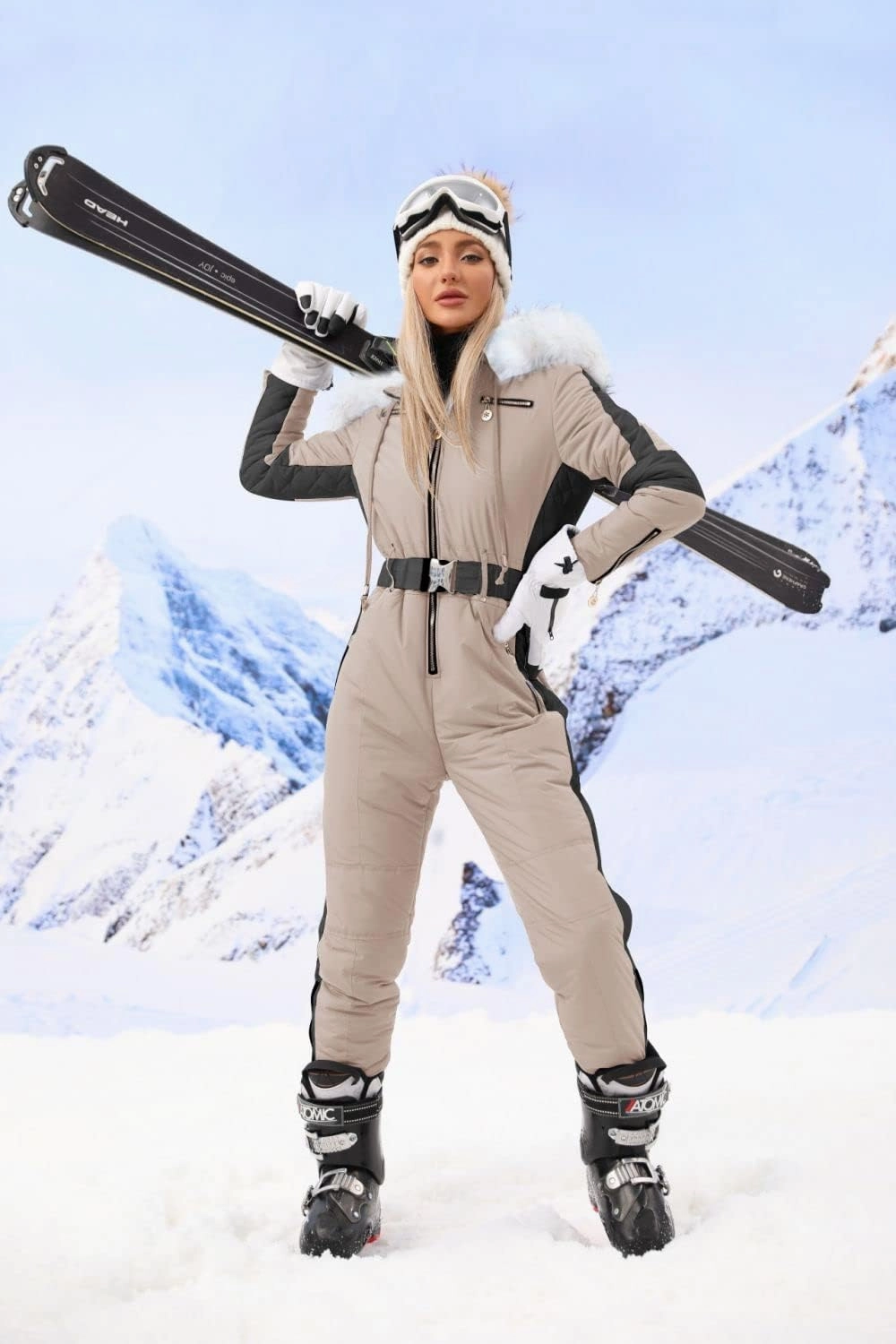 Zwurew Womens Winter Onesies Ski Suit Outdoor Sports Waterproof Snowsuit Fur Collar Ski Jumpsuit Coat