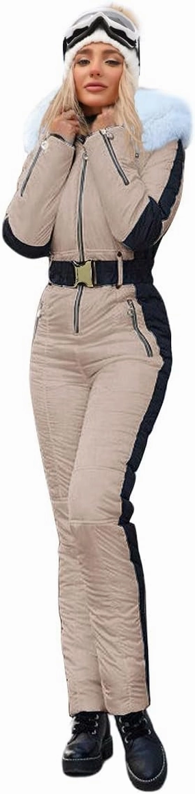 Zwurew Womens Winter Onesies Ski Suit Outdoor Sports Waterproof Snowsuit Fur Collar Ski Jumpsuit Coat