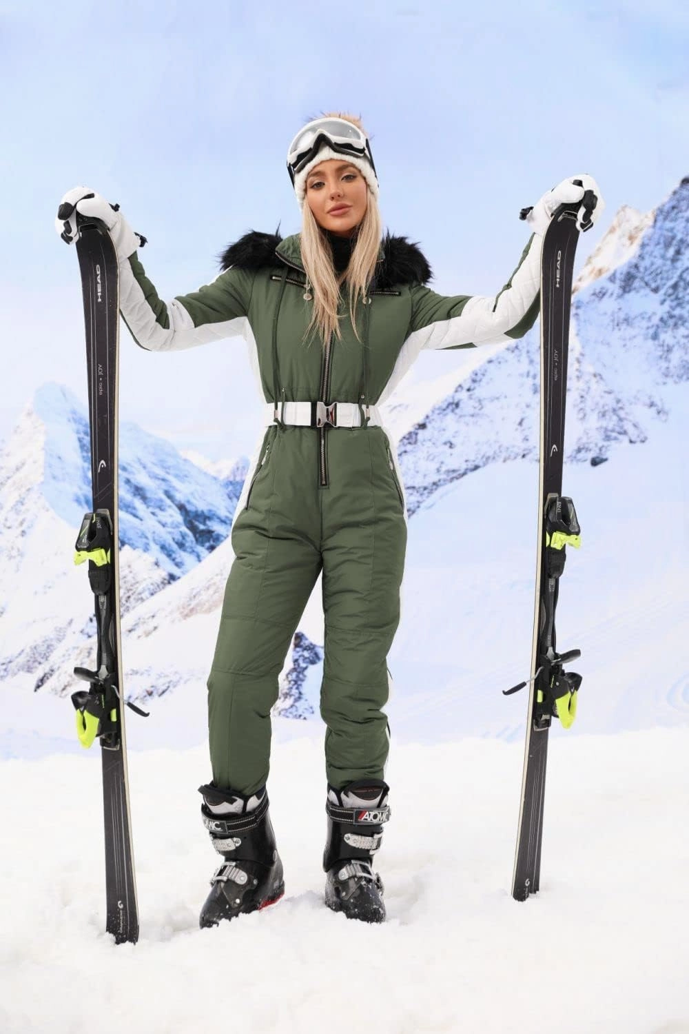 Zwurew Womens Winter Onesies Ski Suit Outdoor Sports Waterproof Snowsuit Fur Collar Ski Jumpsuit Coat