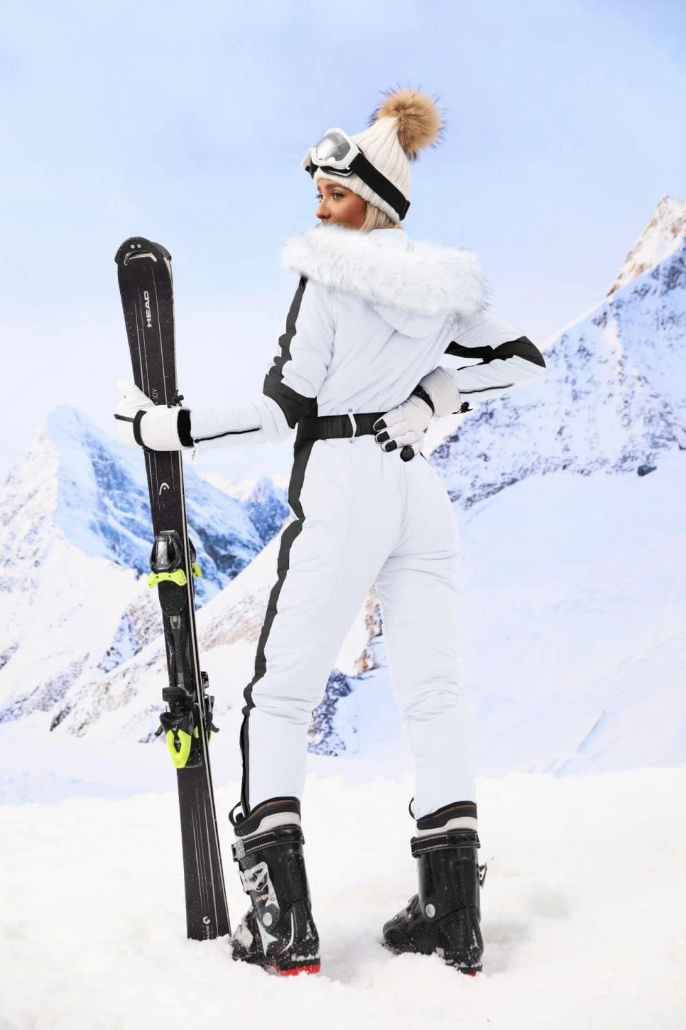 Zwurew Womens Winter Onesies Ski Suit Outdoor Sports Waterproof Snowsuit Fur Collar Ski Jumpsuit Coat