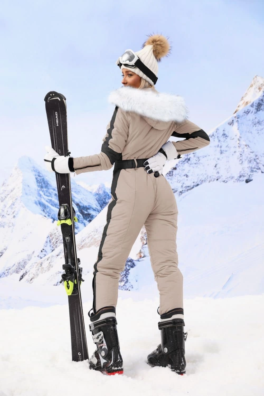 Zwurew Womens Winter Onesies Ski Suit Outdoor Sports Waterproof Snowsuit Fur Collar Ski Jumpsuit Coat