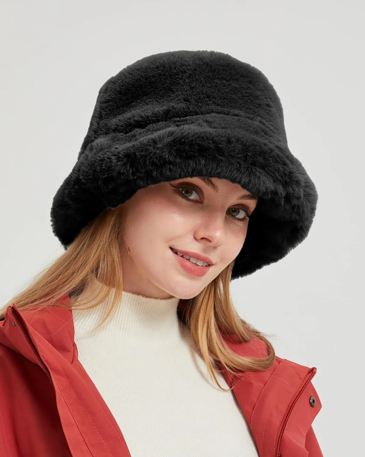 Zylioo Oversize 3XL/2XL/XL Fluffy Bucket Hat,L/M/S Faux Fur Warm Hat Petite,Large Winter Plush Fuzzy Hat for Big Heads